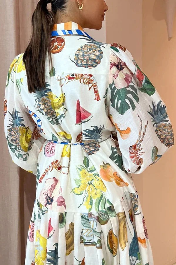 Einreihiges Kleid mit Graffiti-Print und Bindegürtel