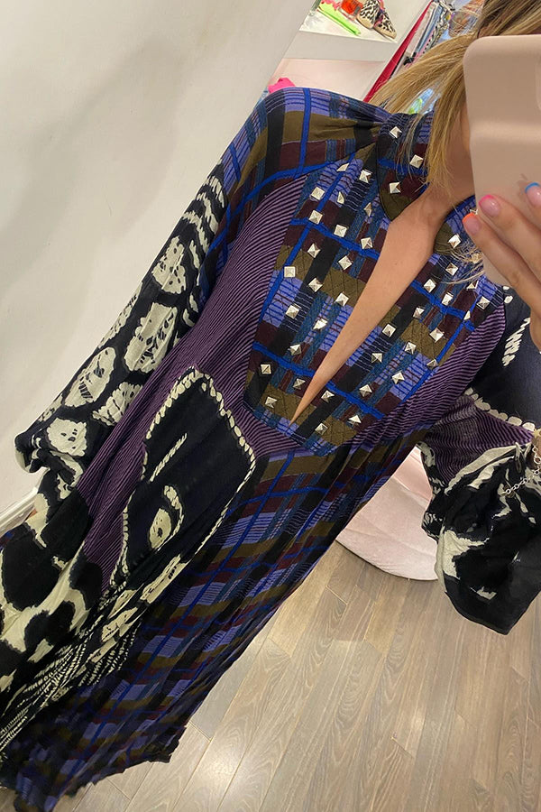 Kreatives Maxikleid mit Farbblock-Print und langen Ärmeln und Taschen