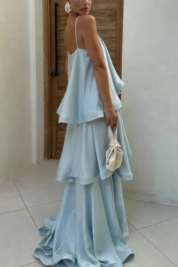 Soft and Smooth Satin Tiered Slip Square Neck A-line Maxi Dress