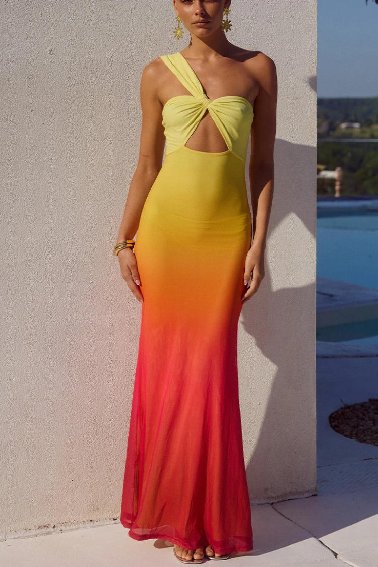 Robe longue extensible à découpes asymétriques et imprimé ombré en maille Dreamy Sunset