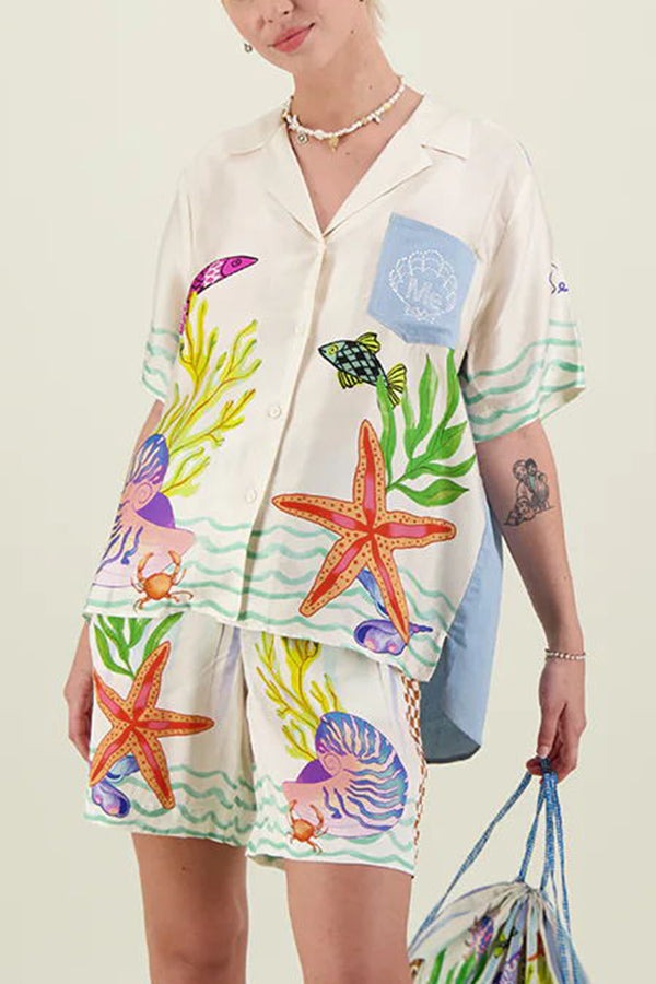 Set aus lockerem Hemd und Shorts mit elastischer Taille und einzigartigem Küsten-Muschel-Print