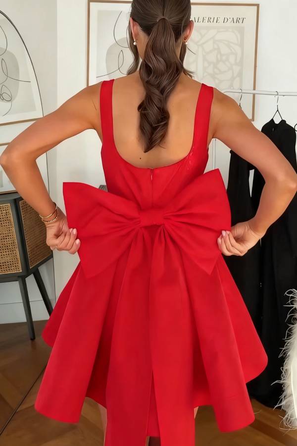 Red Drama Taffeta Square Neck Back Oversized Bow Pocket Mini Dress