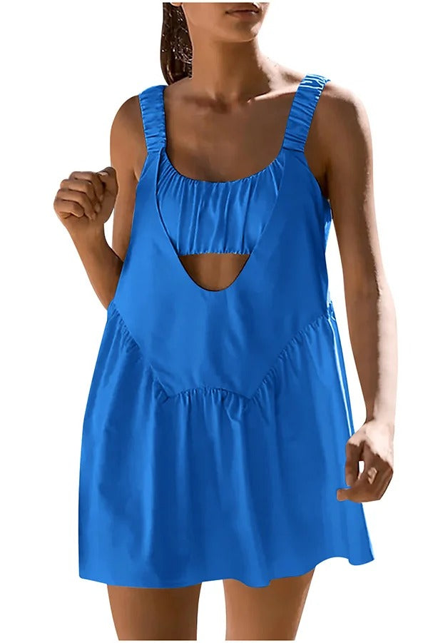 Sommerliches, sportliches, ärmelloses, rückenfreies Minikleid aus Leinenmischung