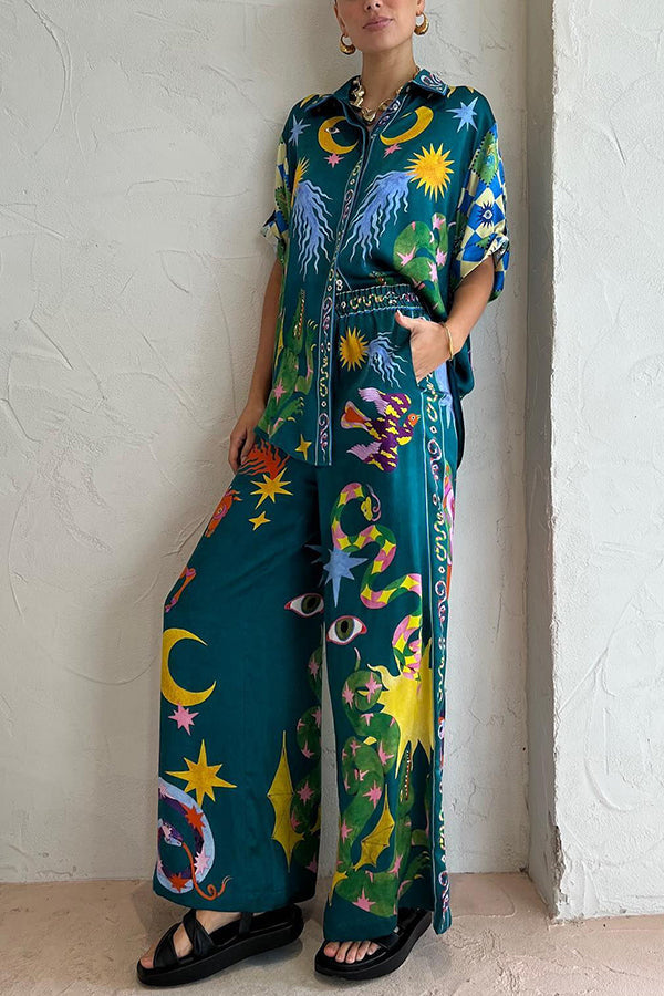 Beachy Chic Leinenmischung Einzigartiger Druck Button-Down Oversize Bluse