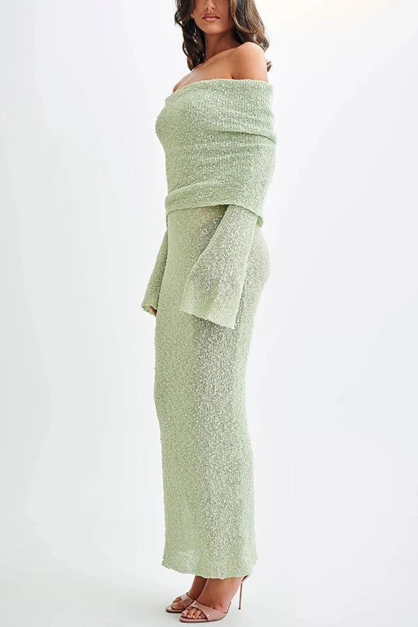 Marisol – Schulterfreies, drapiertes Maxikleid aus geripptem Bouclé-Material mit Stretchanteil für den Urlaub