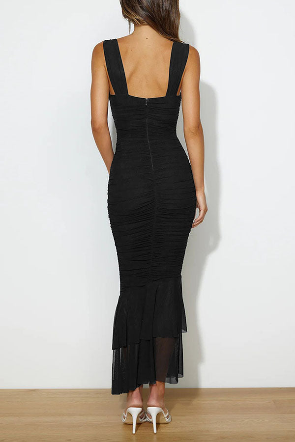 Einfarbiges, plissiertes Meerjungfrauenkleid mit hoher Taille