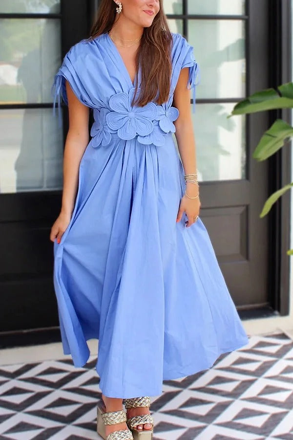 Alma Lockeres Midikleid mit Blumenapplikation, gerüschten weiten Ärmeln und elastischer Taille