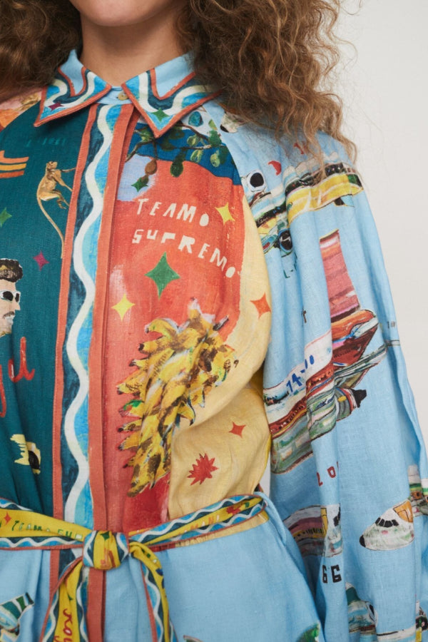 Leinenmischung Einzigartiger Druck Ballonärmel Gürteltasche Minihemdkleid