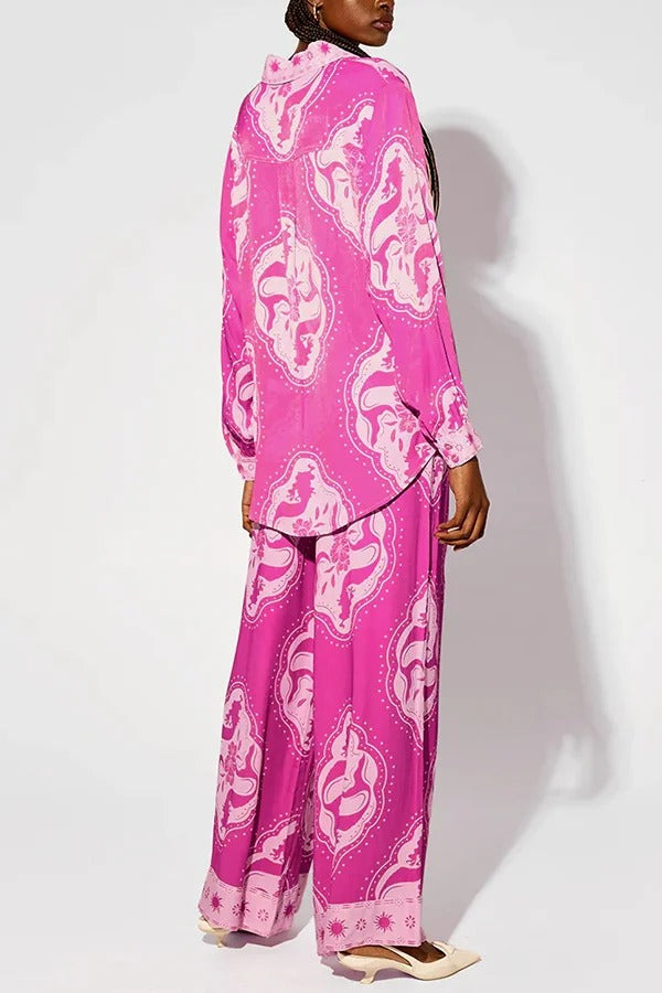 Ensemble chemise surdimensionnée à manches longues et pantalon à taille élastique à imprimé unique Elliot