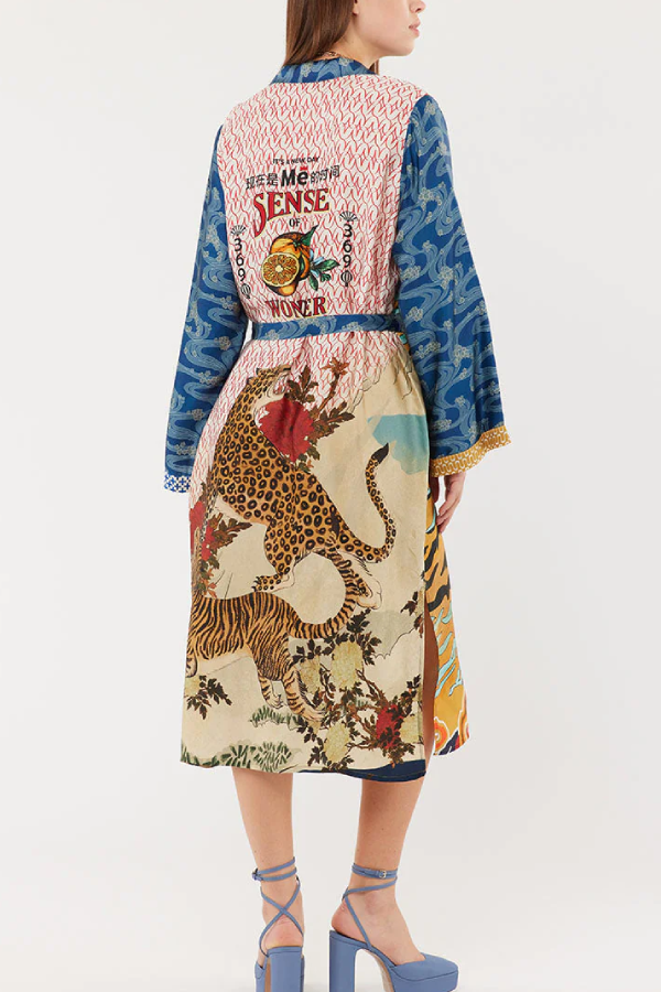 Kimonomantel mit tropischem Dschungel-Tiger und einzigartigem Aufdruck, langen Ärmeln und Gürteltasche