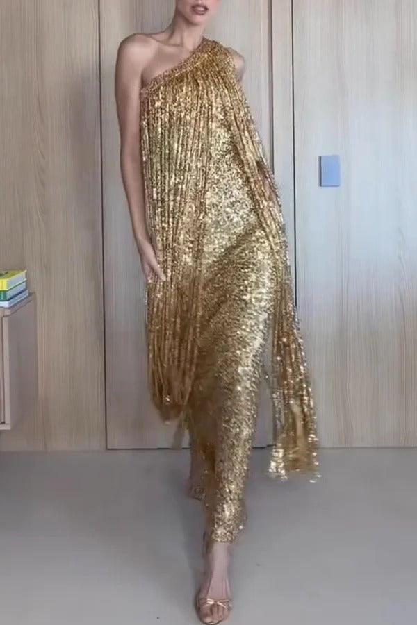 Holiday Muse Sequined Slit Tassels One Shoulder H-line Maxi Dress