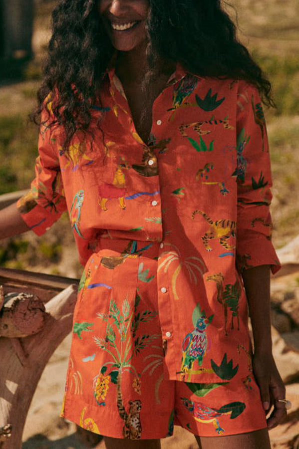 Ensemble chemisier à imprimé unique en lin mélangé Jungle Adventure et short à poches à taille élastique dans le dos