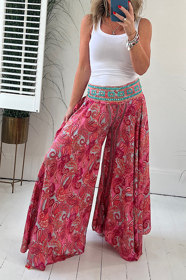 Leichte Hose mit elastischer Patchwork-Taille und ethnischem Paisley-Print