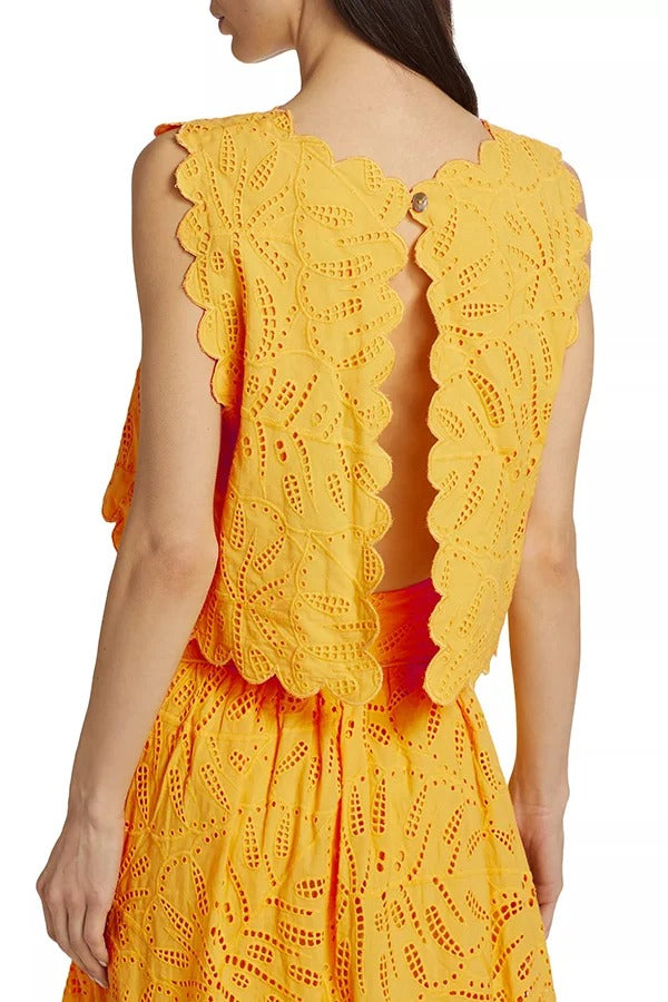 Laylin Crop-Tanktop mit Cut-out, Stickerei und Blütenblatt-Spitze, offenem Rücken und Schlitz