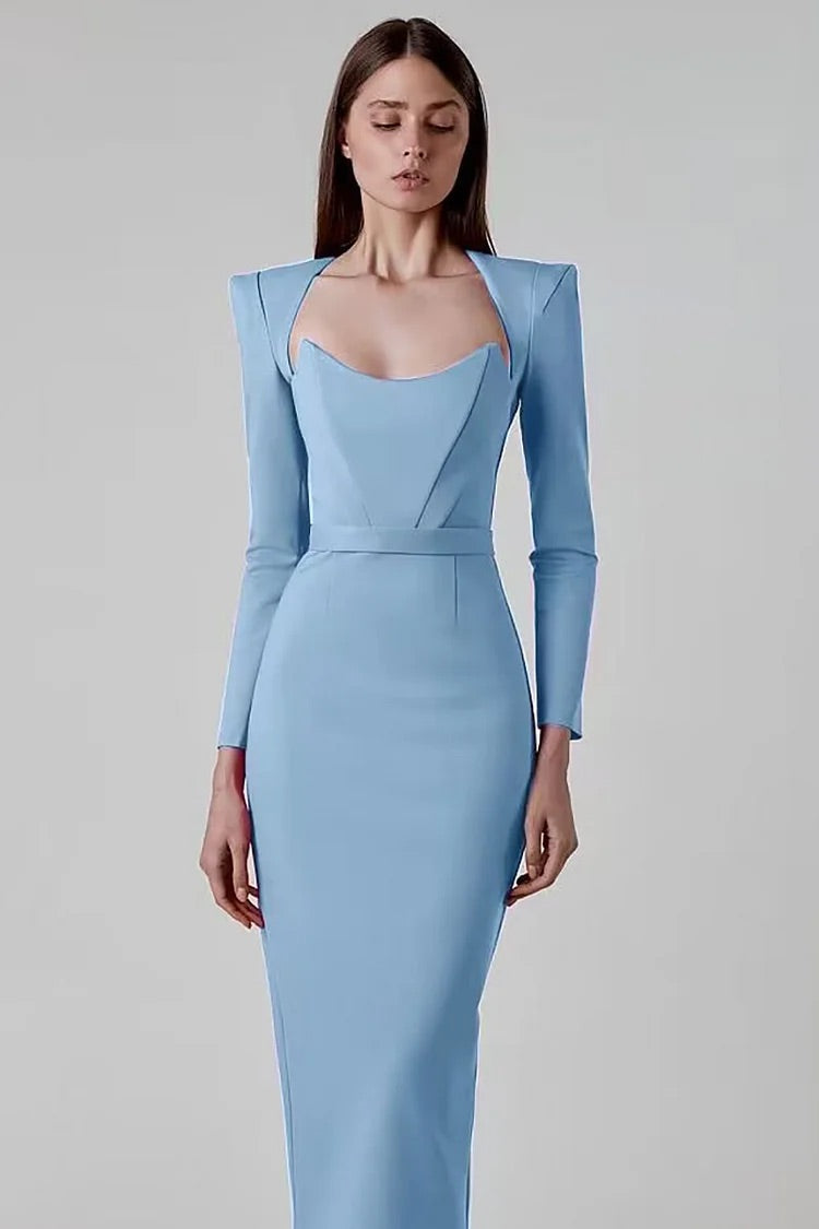 Robe mi-longue moulante blanche unie à col irrégulier et manches longues