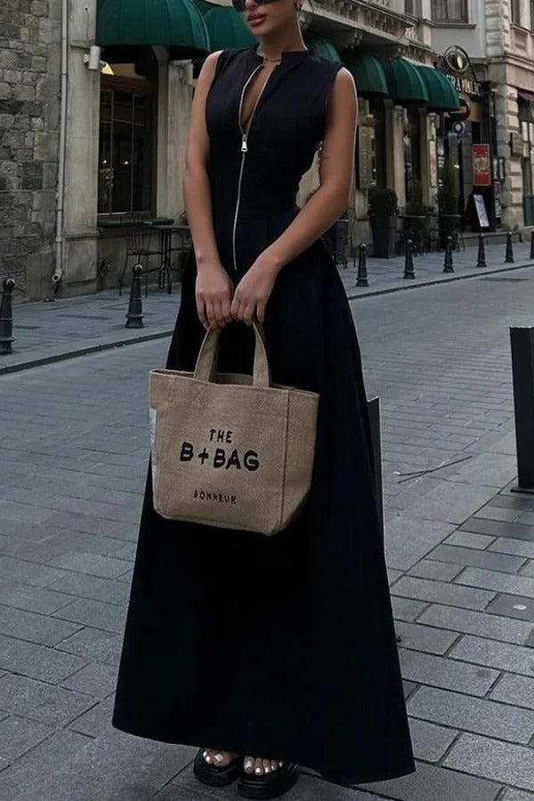 Robe longue élégante sans manches à col en V et fermeture éclair