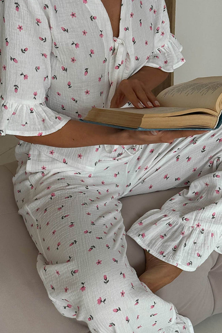 Bedrucktes Rüschenhemd zum Binden aus Baumwolle