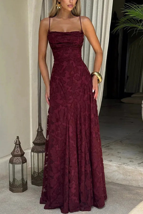 Francis Custom Floral Burnout Fabric Cowl Neck Back Lace-up Maxi Dress