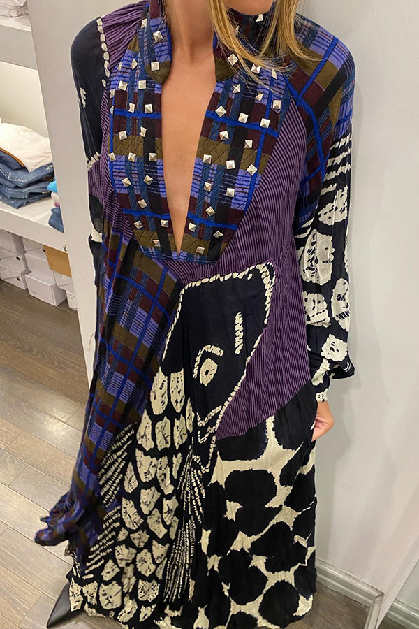 Kreatives Maxikleid mit Farbblock-Print und langen Ärmeln und Taschen
