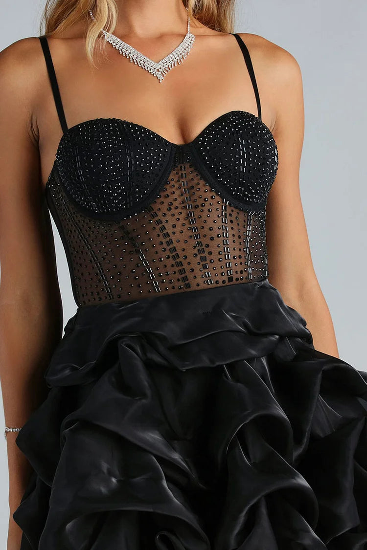 Strass Cami Korsett A-Linie Blütenblatt Saum Geburtstag Party Mini Kleider-Schwarz