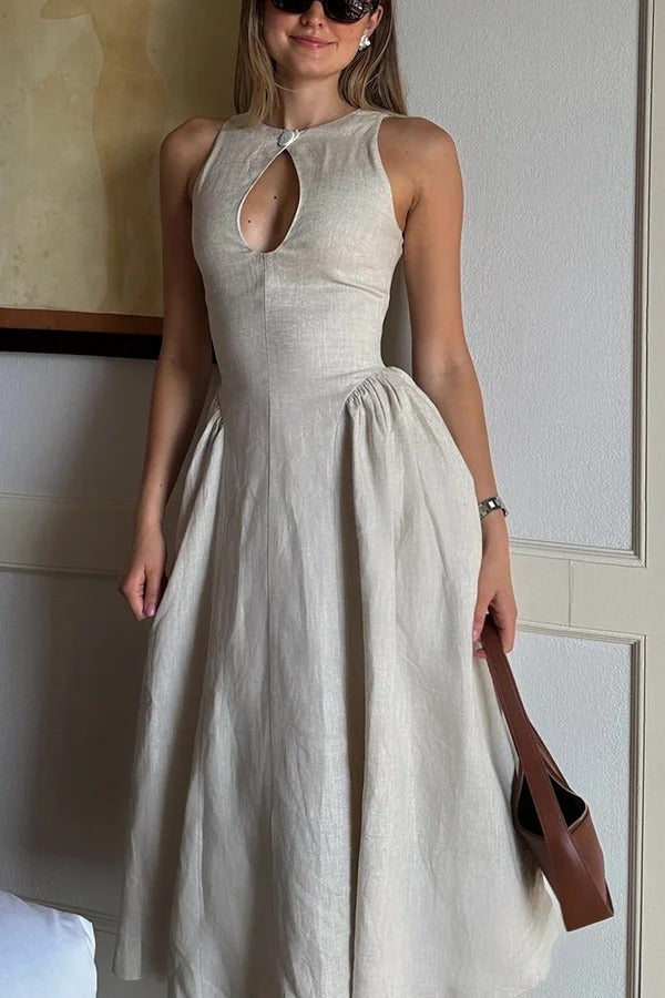 City Cutie – Midikleid aus Leinenmischung mit Knopfleiste, Cut-Out-Ausschnitt und Schirmsaum