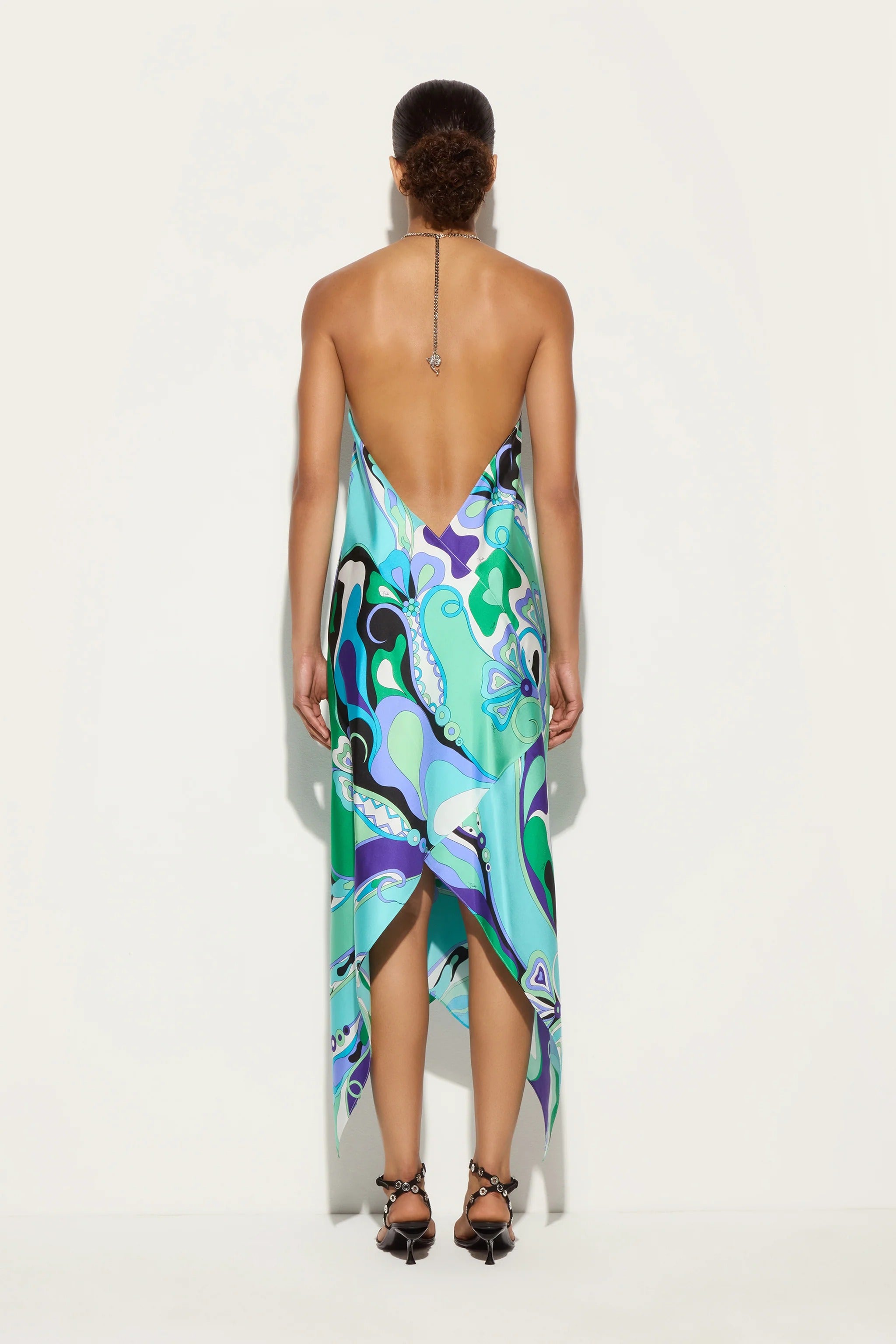 Elmhurst Satin Unique Print Chain Halter Draped Scarf Midi Dress