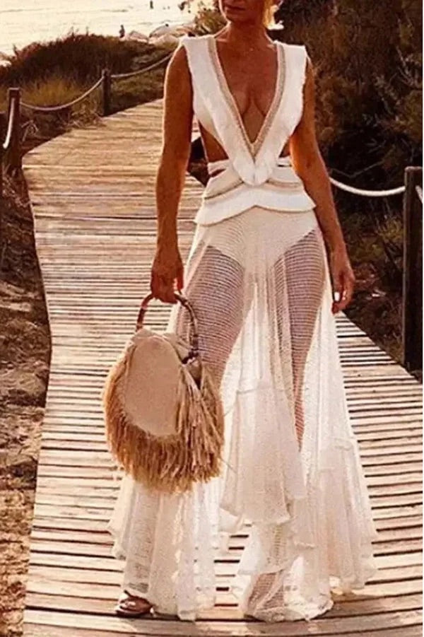 Jupe de plage sexy en maille transparente et dentelle