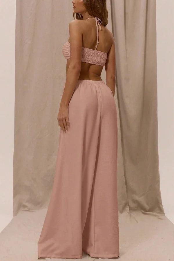 Solid Color Halter Neck Cutout Casual Loose Wide-leg Jumpsuit