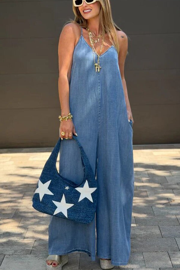 Favorite Fit Denim Back Cross Slip Pocket Wide Leg Jumpsuit