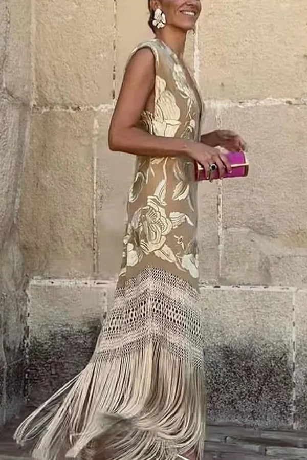 Maxikleid mit Heißprägung, Blumenmuster, V-Ausschnitt, Schnürung und Fransensaum