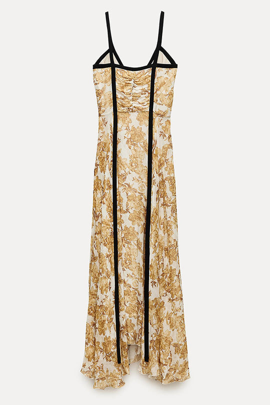 Violettes kontrastierendes, einzigartiges Print-Maxikleid mit plissiertem Rücken und Riemchen