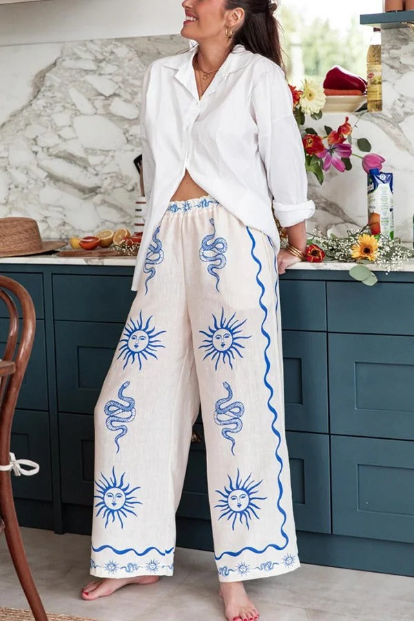 Symbol of Sicily – Hose aus Leinenmischung mit einzigartigem Druck, elastischer Taille und Taschen mit weitem Bein