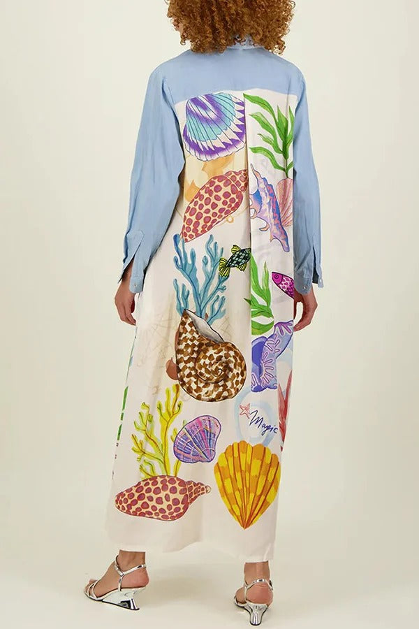 Take A Trip Marine Elements Einzigartiger Patchwork-Druck mit Taschen, langer Hemdmantel