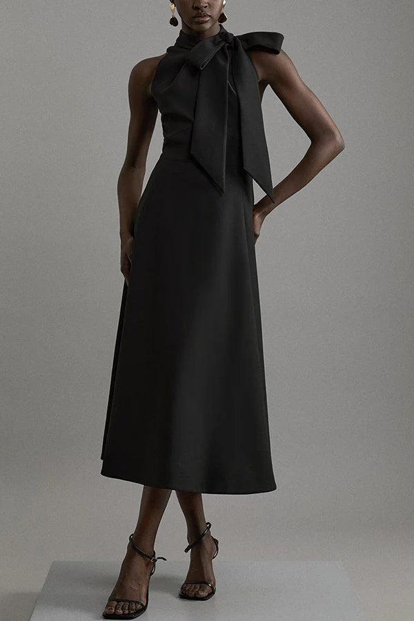 Stilvolles und klassisches, einzigartiges ausgestelltes Midikleid mit Fliege und Taschen