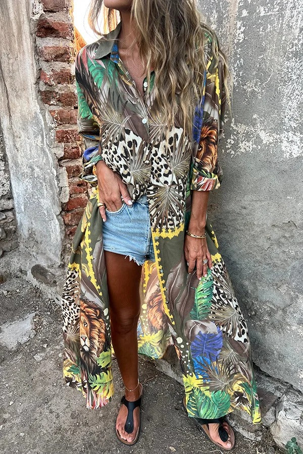Jungle Miracle – Lässige Midi-Bluse mit einzigartigem Tier-Print und Knopfleiste