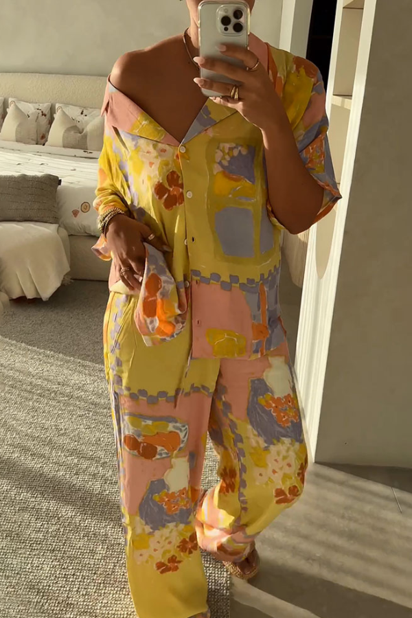 Lässiges zweiteiliges Set mit Ölgemälde-Print