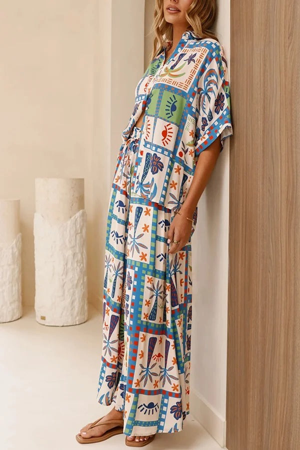 Unique Print Lapel Short Sleeve Loose Shirt and Elastic Waist Casual Pocket Wide Leg Pants Set