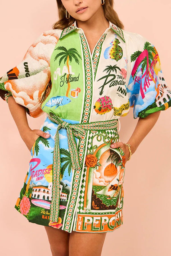 Sommerliche Eleganz – Minikleid aus Leinenmischung mit einzigartigem Druck, Gürtel und Tasche