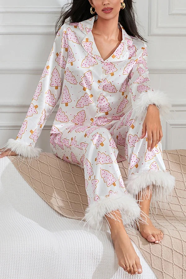 Pyjama-Set mit Weihnachtsdruck, Federbesatz, elastischer Taillentasche