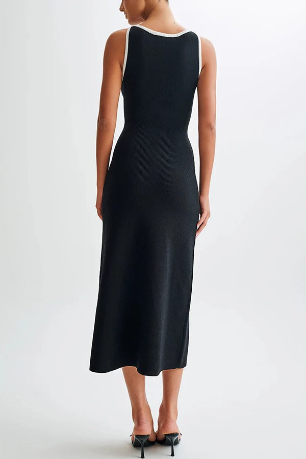 Elegantes Slim Fit Rundhalsausschnitt Ärmelloses Midi-Strickkleid mit Knöpfen