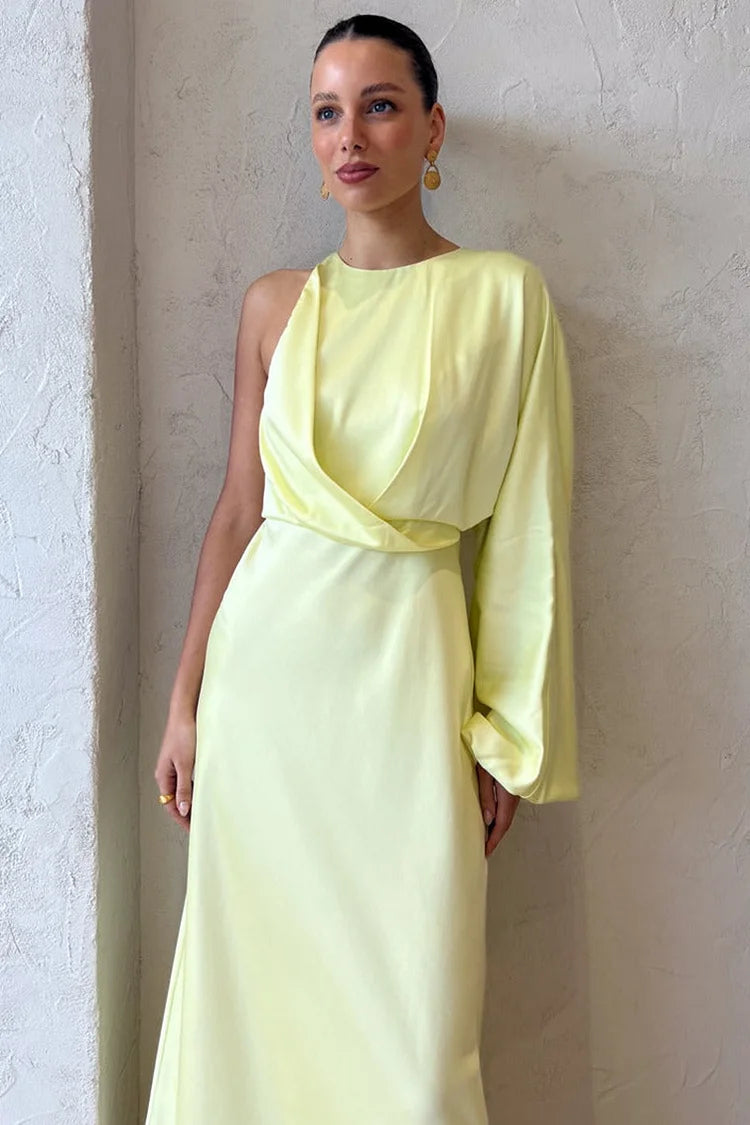 Satin One-Shoulder Langarm Slim Elegant Formale Party Midikleider