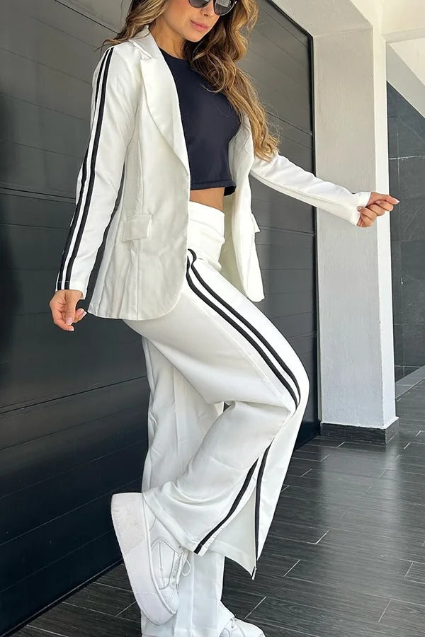 Sportliches, gemischtes, formelles Blazer-Set mit gestreiftem Revers und elastischer Taillentasche