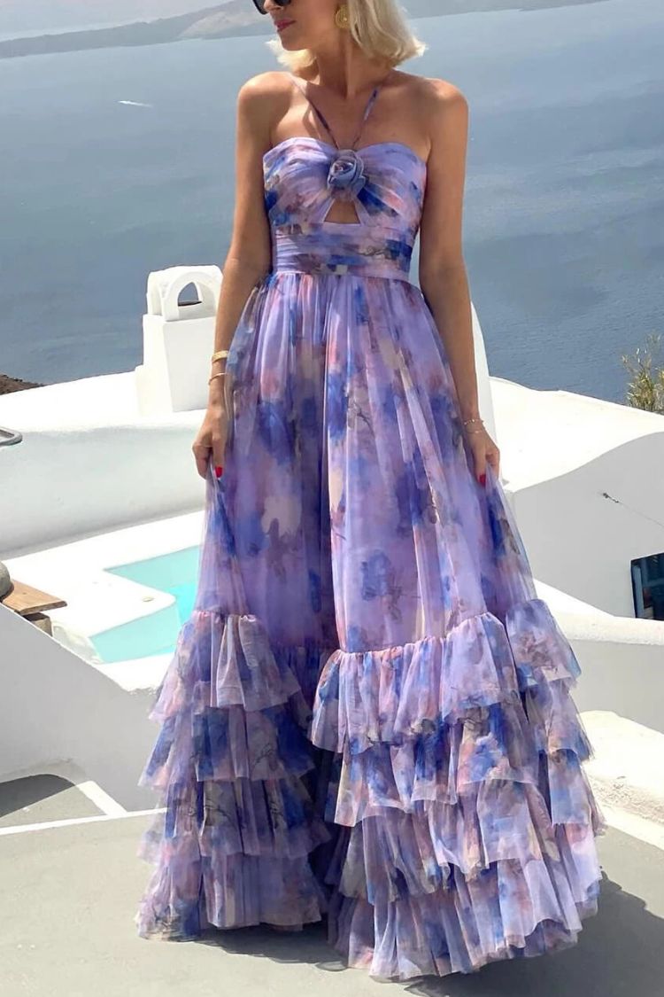 Dreamy Clouds Tulle Printed Rose Detail Cutout Ruffles Tiered Halter Maxi Dress