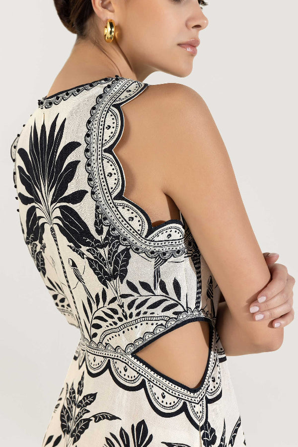 Ärmelloses Midikleid mit gewelltem Rand und Palmenprint „Niara“