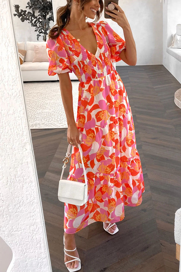 Robe longue à volants et manches bouffantes Peony Garden