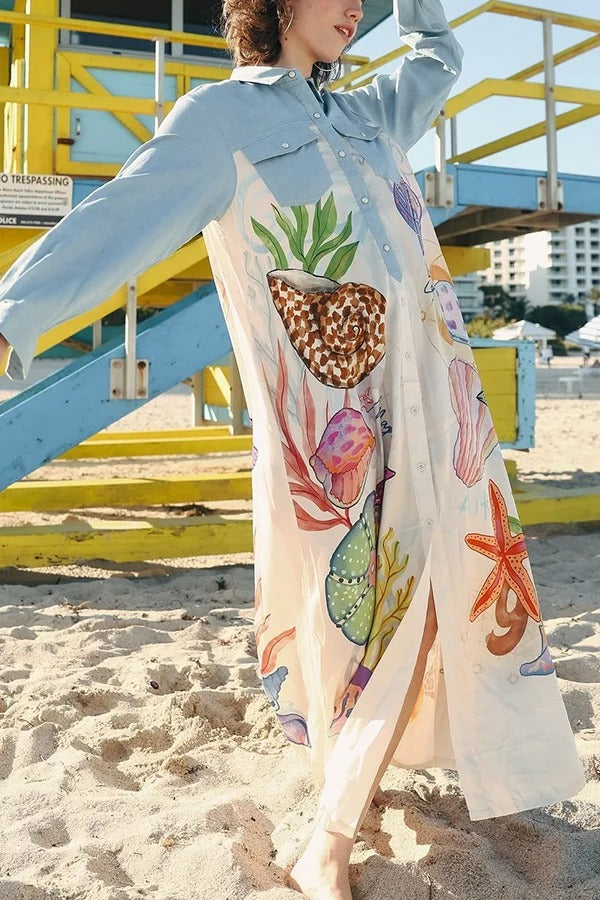 Take A Trip Marine Elements Einzigartiger Patchwork-Druck mit Taschen, langer Hemdmantel