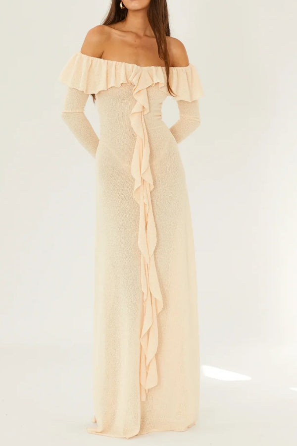 Darling Way – Schulterfreies, langärmliges, drapiertes, gerüschtes, geschlitztes Maxikleid aus Strick