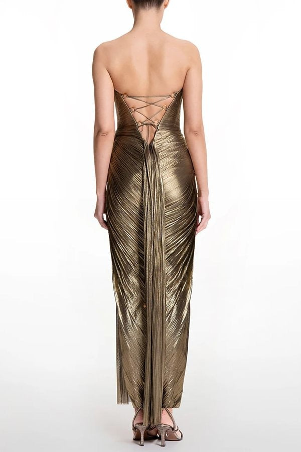 Amisha Metallic Pleated Shell Cups Hollow Gold Pendant Strapless Drape Slit Maxi Dress