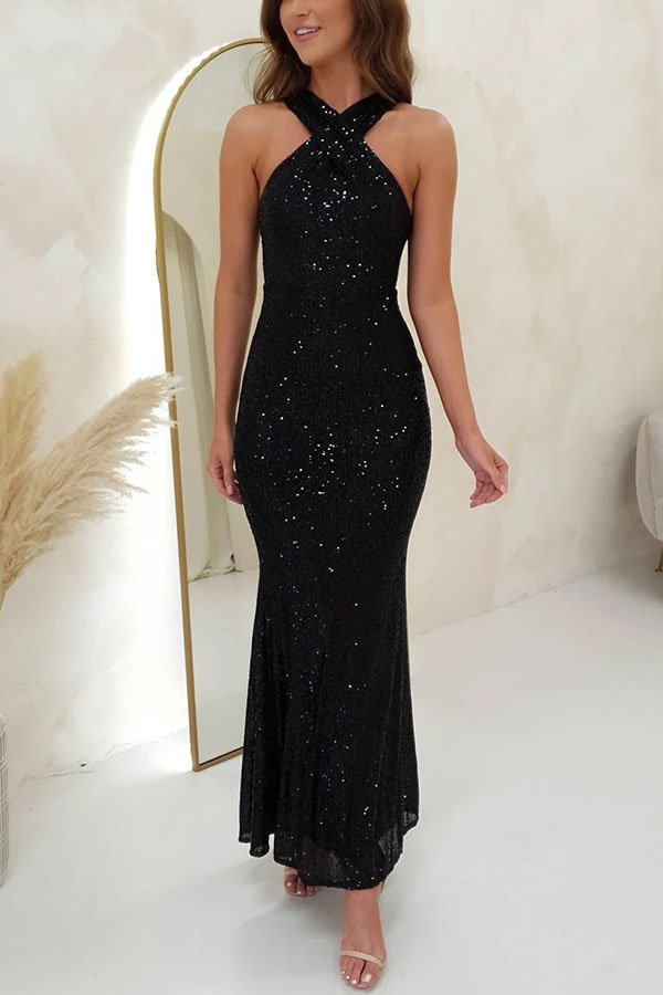 Time To Sparkle – Rückenfreies Maxikleid mit Pailletten und überkreuztem Neckholder
