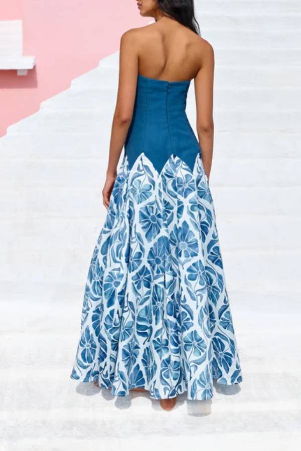 Dottie Colorblock Floral Print Drop Waist Gathered Strapless Maxi Dress